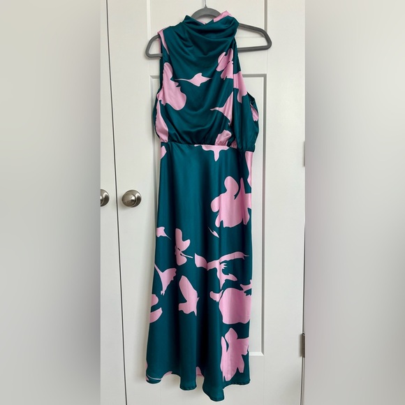 Anabelle Mock Neck Satin Midi Dress US M Teal Pink Mock Neck Cocktail Wedding - Picture 2 of 12